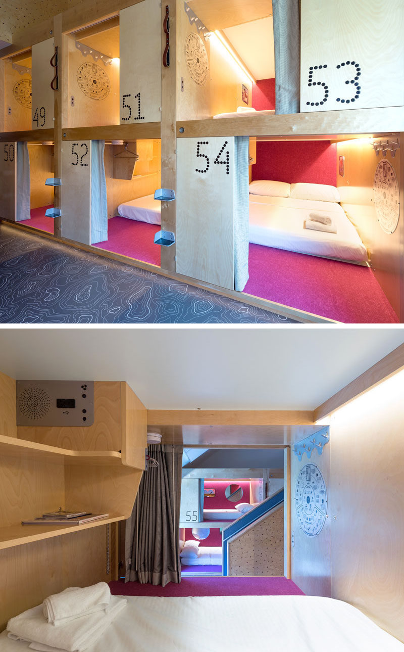 Vancouver-based firm Bricault Design have recently completed the newly opened Pangea Pod Hotel in Whistler, Canada, that features a bar, storage room, and small sleeping pods. #Whistler #ModernHotel #PodHotel #InteriorDesign #HotelDesign