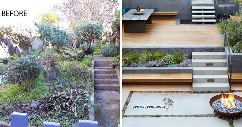 Before & After - This backyard was transformed into a modern tiered garden with seating, a firebowl, a water feature, and stairs connecting the different levels. #ModernBackyard #ModernLandscaping #TieredBackyard