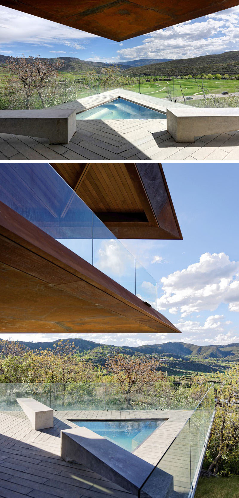 This modern mountain house has a cantilevered section of the main floor that creates a cover for a triangle-shaped spa. #Spa #Cantilever #Architecture