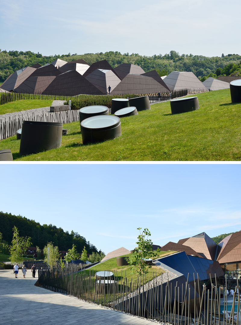 This roof of this modern wellness center was divided into sets of smaller segments to prevent its scale from overwhelming the surroundings. #Architecture #Roof
