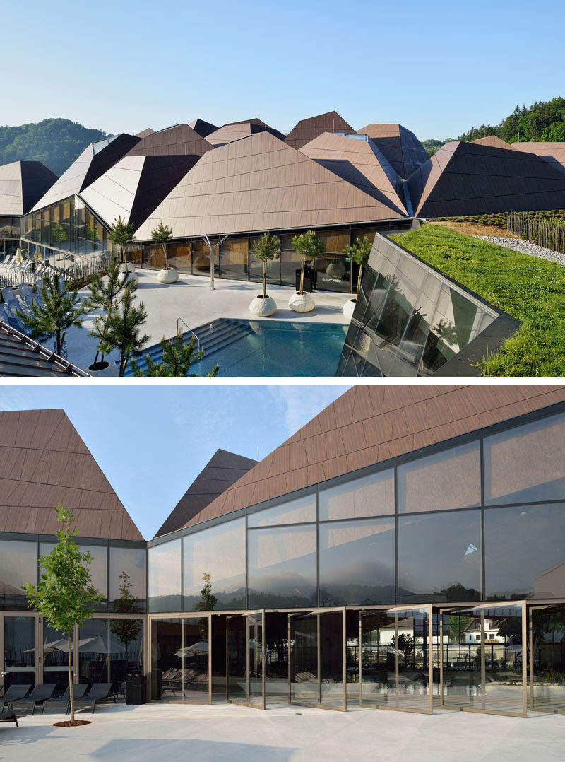 This roof of this modern wellness center was divided into sets of smaller segments to prevent its scale from overwhelming the surroundings. #Architecture #Roof