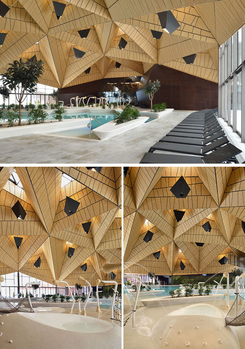 Inside this modern wellness complex, tetrahedral shapes used for the ceiling / roof allowed the entire pool space to be covered virtually without supports. #Architecture #BuildingDesign