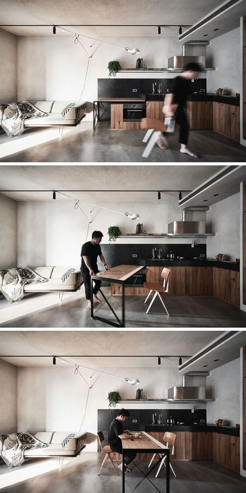 In this modern kitchen, the thick black counter drops down to become a lower wood countertop, which can be moved to become the dining table. #ModernKitchen #SmallKitchen #KitchenDesign