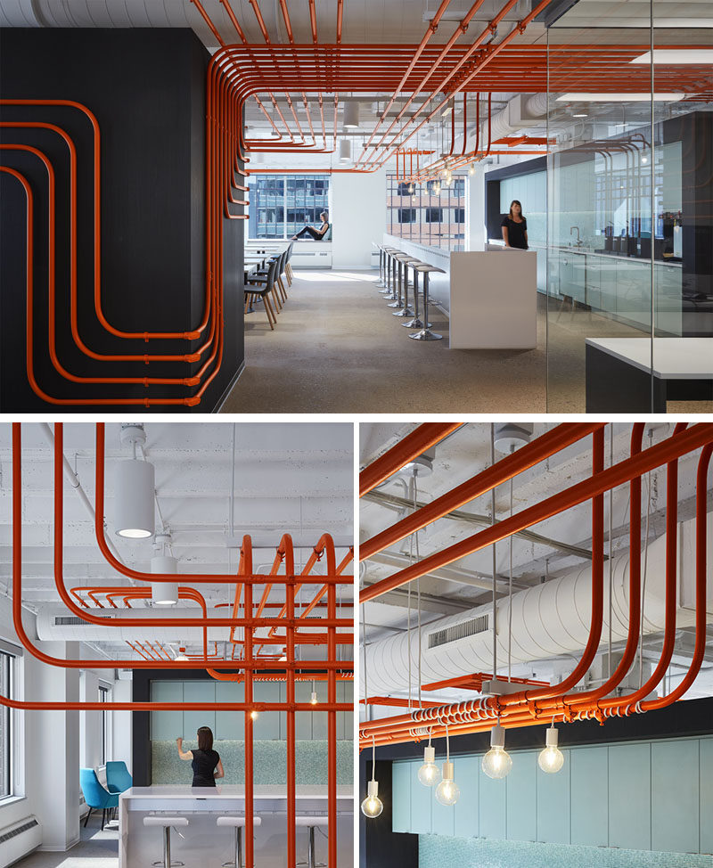 Studio BV have designed the Field Nation offices that were inspired by a circuit board and features orange conduit piping throughout, guiding people to the various areas of the office. #InteriorDesign #OfficeDesign #DesignAccent