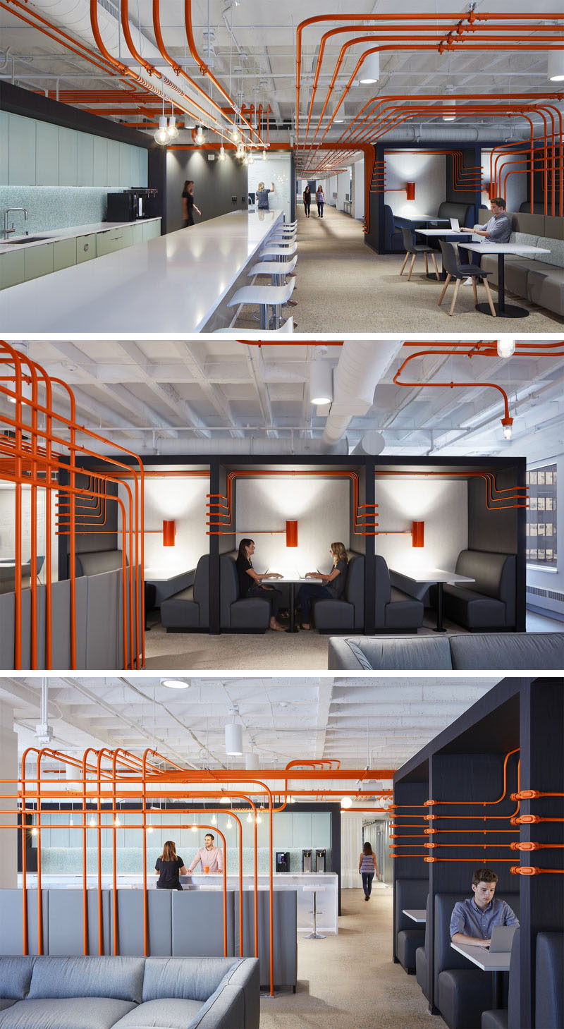 Studio BV have designed the Field Nation offices that were inspired by a circuit board and features orange conduit piping throughout, guiding people to the various areas of the office. #InteriorDesign #OfficeDesign #DesignAccent