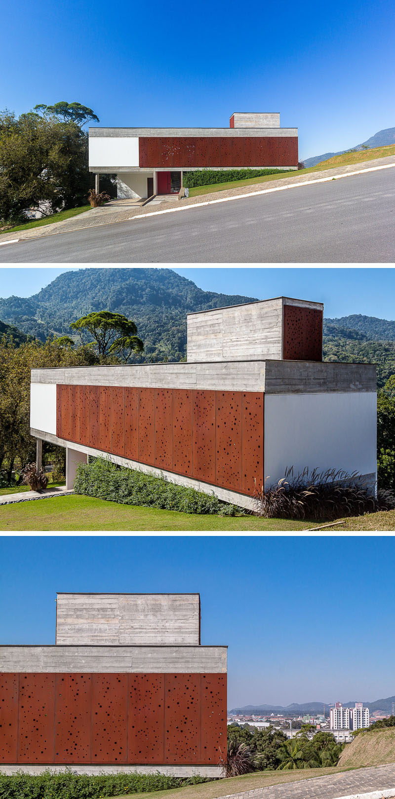 PJV Arquitetura have designed a modern concrete house that has an artistic perforated weathering steel screen to provide privacy and shade. #Architecture #WeatheringSteel #SteelScreen