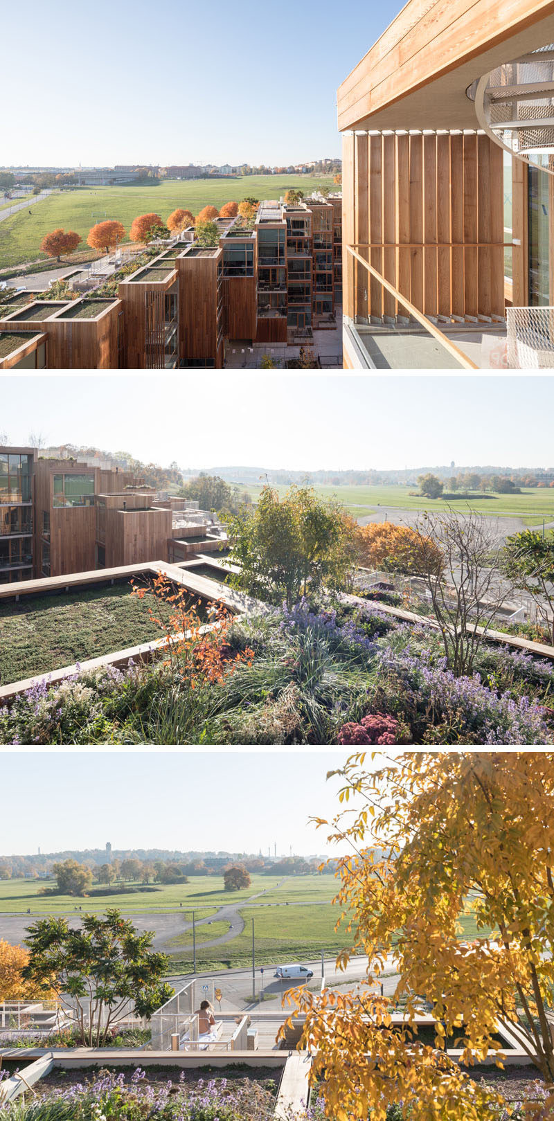 Due to the terraced design of this modern building, the architects created green roofs and patios, that give upper residences a nice natural view that complements the parkland. #GreenRoof #Rooftops #Architecture