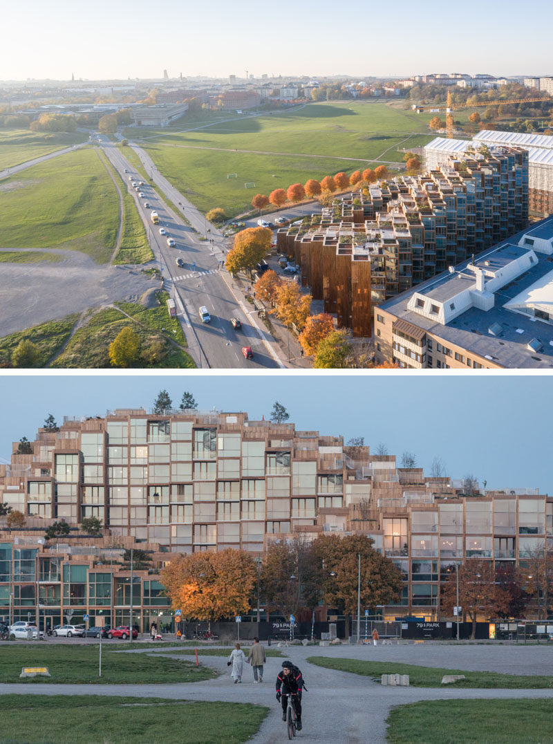 Bjarke Ingels' architecture firm BIG, have recently completed '79&Park', a residential building in Stockholm, Sweden, that sits on the edge of Gärdet, a national park. #Architecture #ModernBuilding #ResidentialBuilding