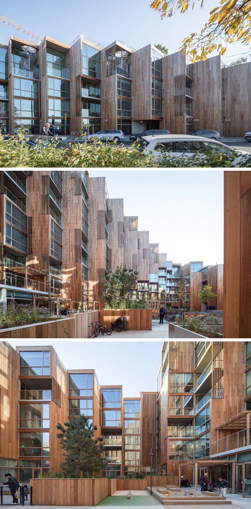 The edge of the modern building which is closest to the street, has been pushed down, creating a softer and more welcoming edge for those walking past. #BuildingDesign #ResidentialBuilding #WoodArchitecture