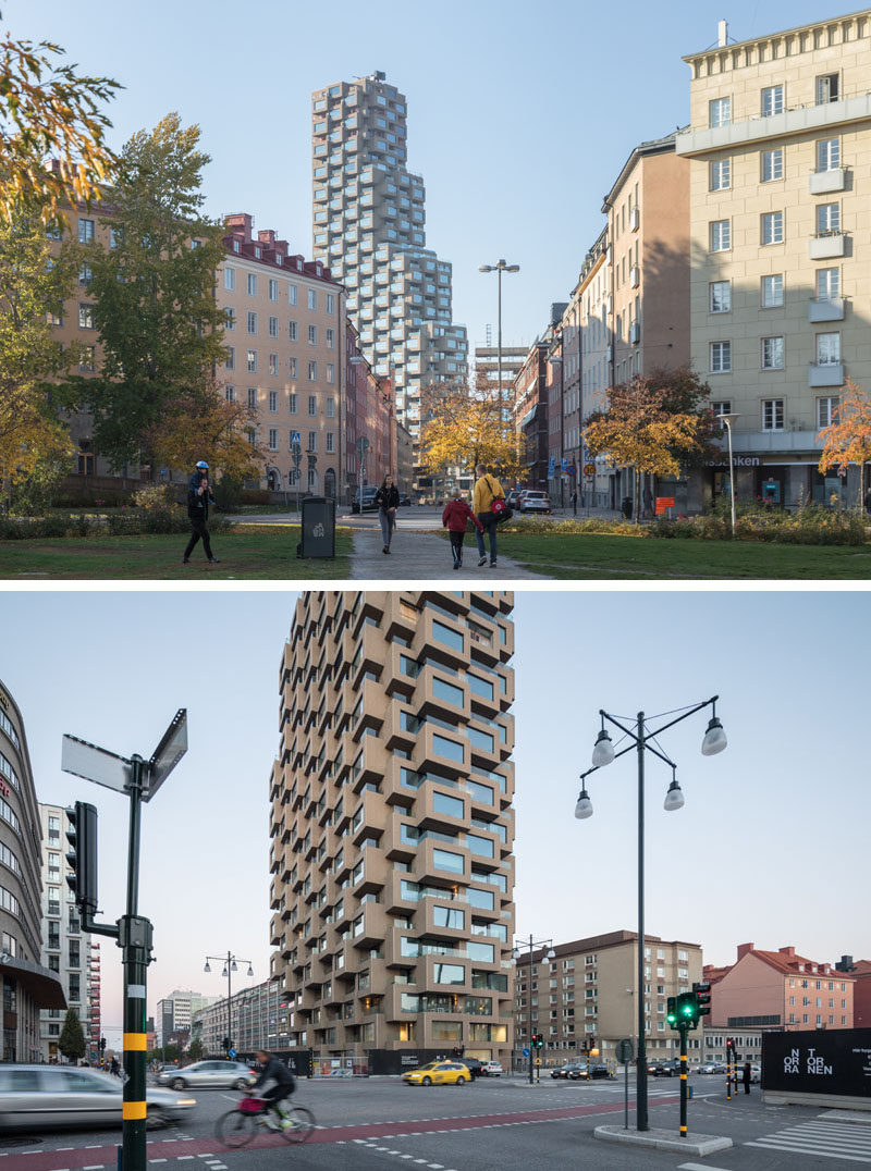 This new residential building in Stockholm, features a modular system of precast exposed concrete elements, and alternating bay windows and recessed terraces. #Architecture #ResidentialBuilding #BuildingDeisgn #Concrete