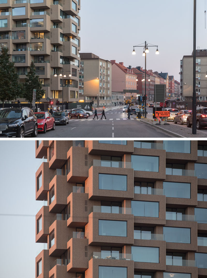 This new residential building in Stockholm, features a modular system of precast exposed concrete elements, and alternating bay windows and recessed terraces. #Architecture #ResidentialBuilding #BuildingDeisgn #Concrete