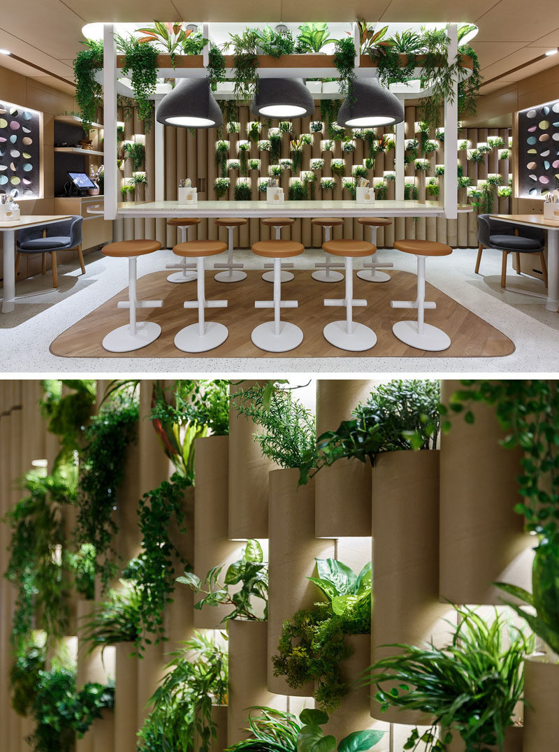 The cardboard 'bamboo' walls in this modern restaurant have highlighted openings to display a variety plants. #CardboardTubes #PlantWalls #RestaurantDesign