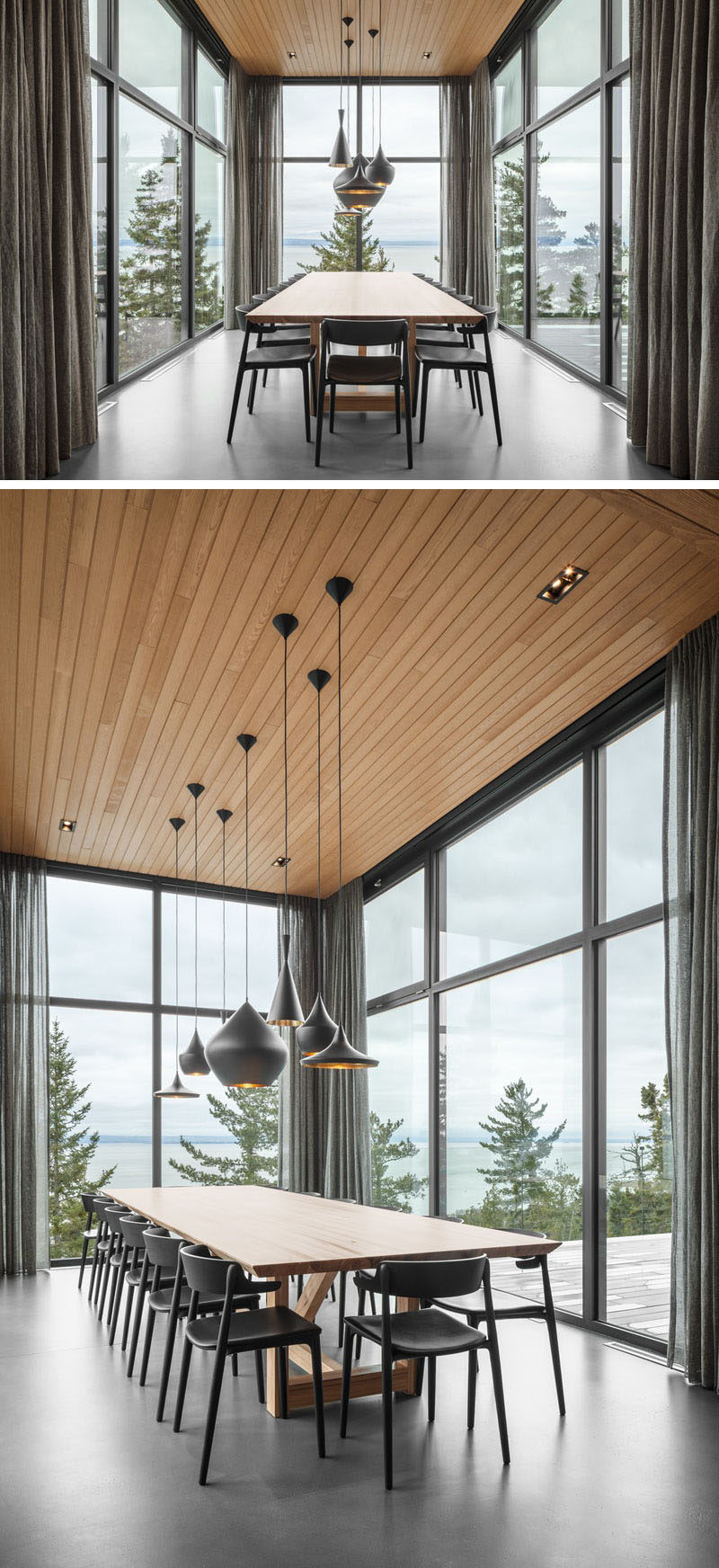 This modern dining room has high ceilings, is surrounded by walls of windows on three sides, and extends away from the house. #ModernDiningRoom #DiningRoom #Windows #WoodCeiling