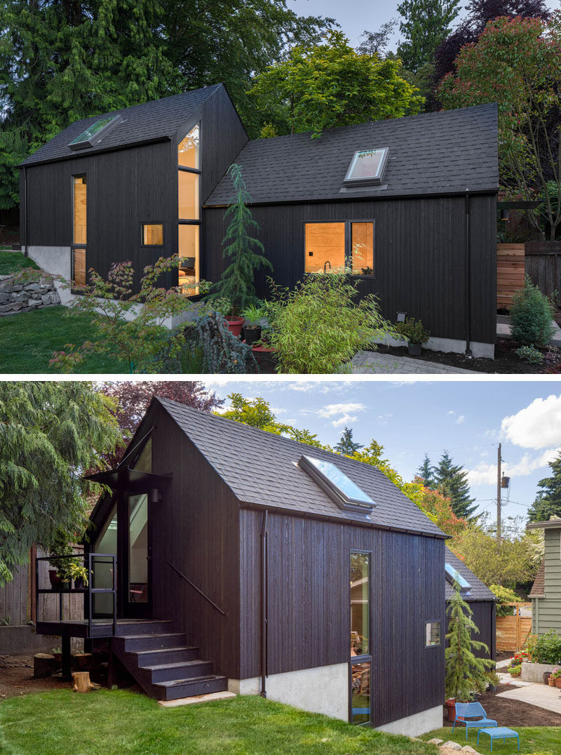 Seattle-based Best Practice Architecture have converted what was once a regular backyard garage and transformed it into a lofty and often tiny house. #TinyHome #TinyHouse #GarageConversion #BlackStainedCedarSiding