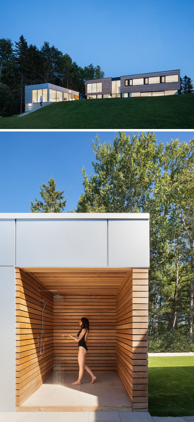 This modern house has an adjacent guest house with a bedroom, living room / kitchen, a bathroom, and a outdoor shower. #GuestHouse #ModernHouse #OutdoorShower