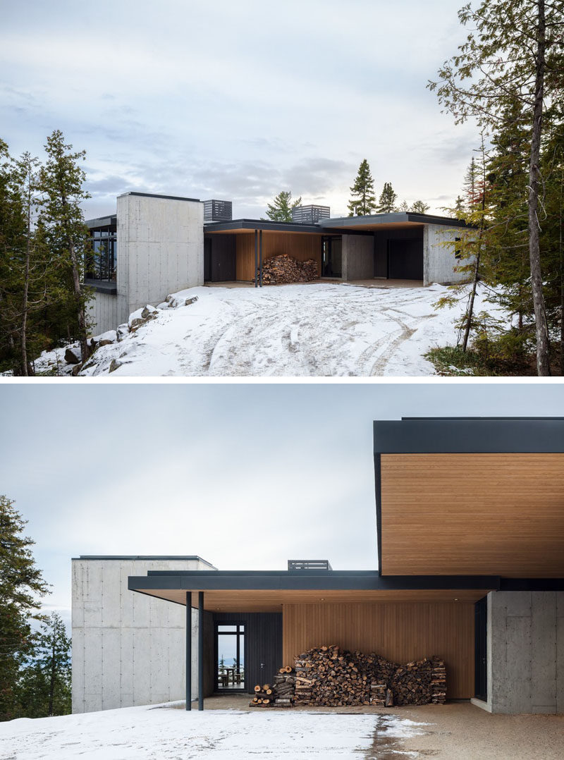 The design of this modern house draws inspiration from landscape of the St. Lawrence River estuary, which is visible from the rocky headland on which it is located. #ModernHouse #Concrete #Architecture #Wood