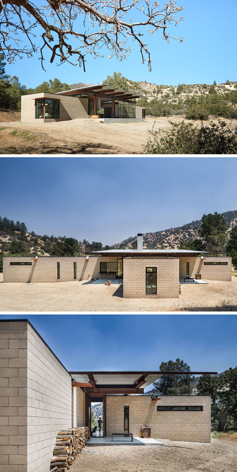 This modern house is made from concrete block, steel and glass, and is a net-zero home that operates completely off the grid, with a layout that was inspired by the tradition of tents around a campfire. #ModernHouse #HouseDesign #Architecture