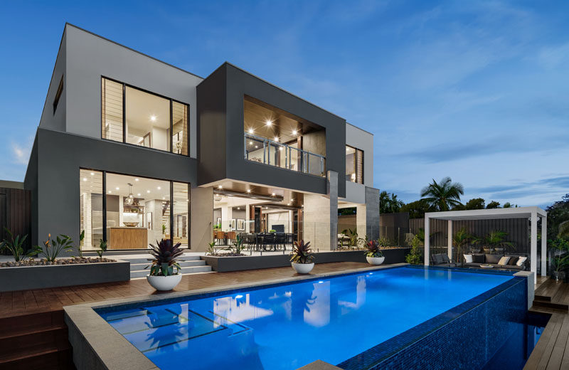A modern house with a swimming pool.