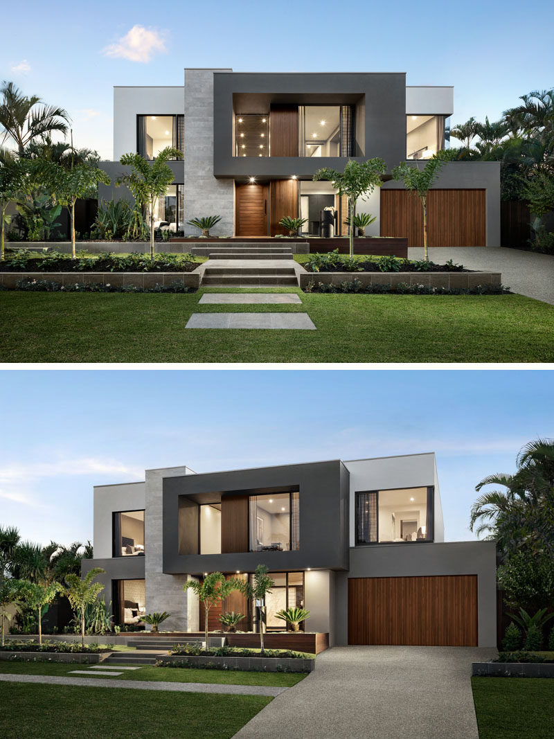 Tiered landscaping leading to the front door of this modern home adds interest to the curb appeal.