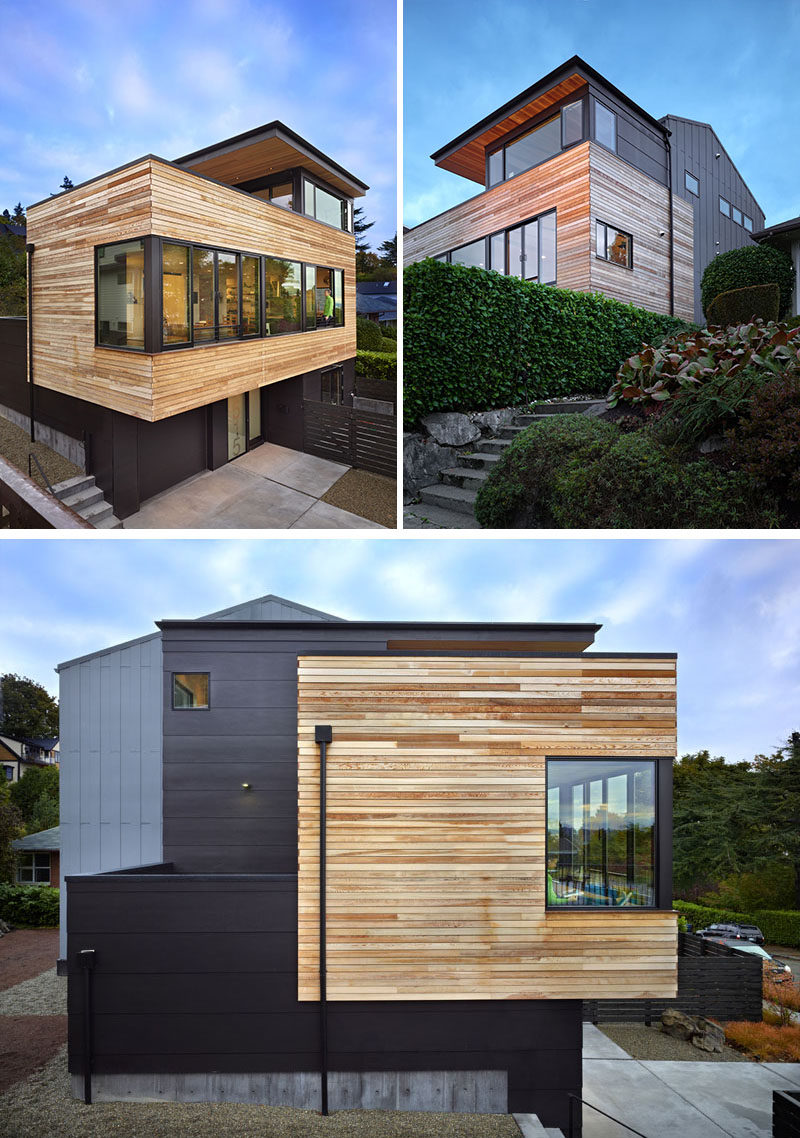 The exterior of this modern home features clear, unfinished Western Red Cedar that's been combined with painted Hardiepanel siding. The natural finish of the cedar will grey over time. #ModernHouse #ModernArchitecture #WoodSiding #CedarSiding