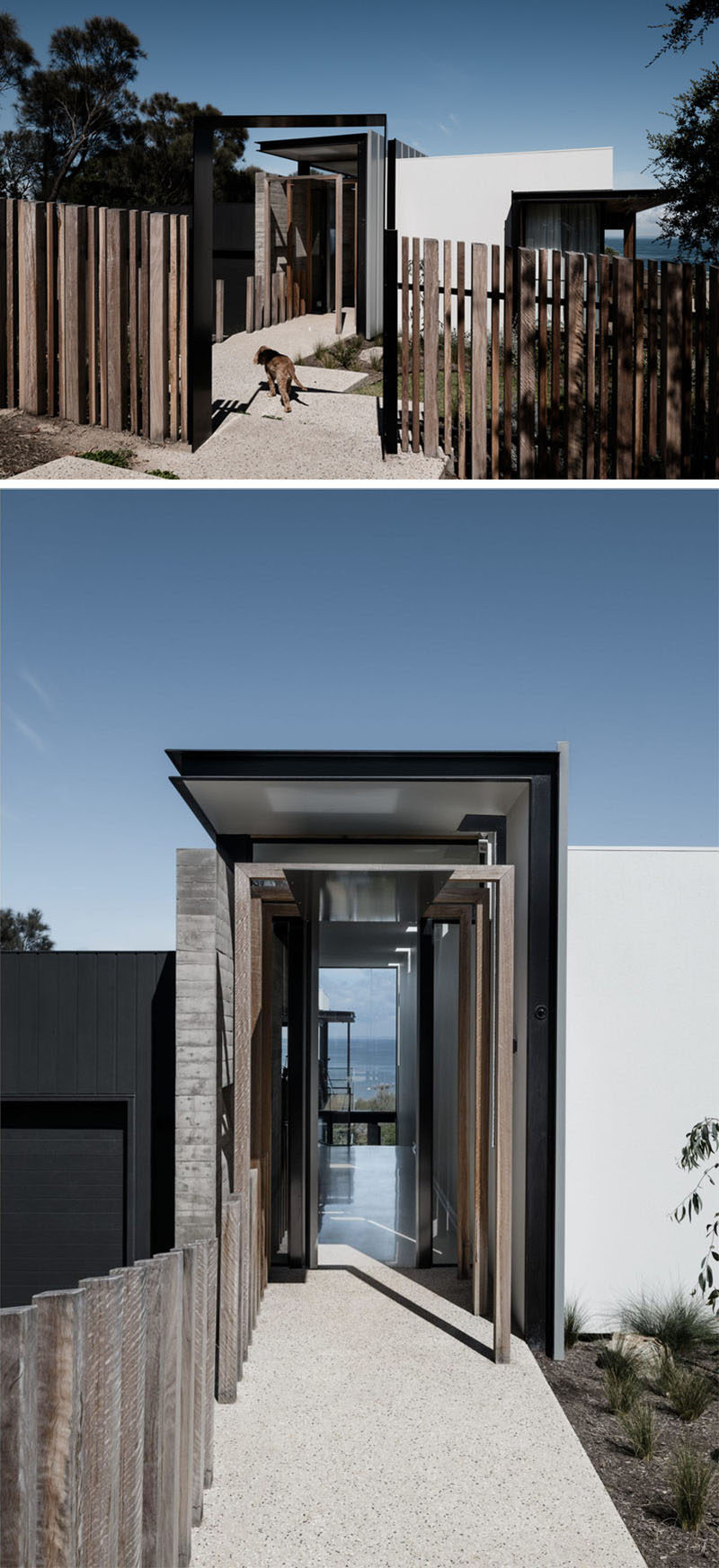 A path surrounded by a wood fence and a landscaping leads to the front door of this modern Australian house. #ModernHouse #Landscaping