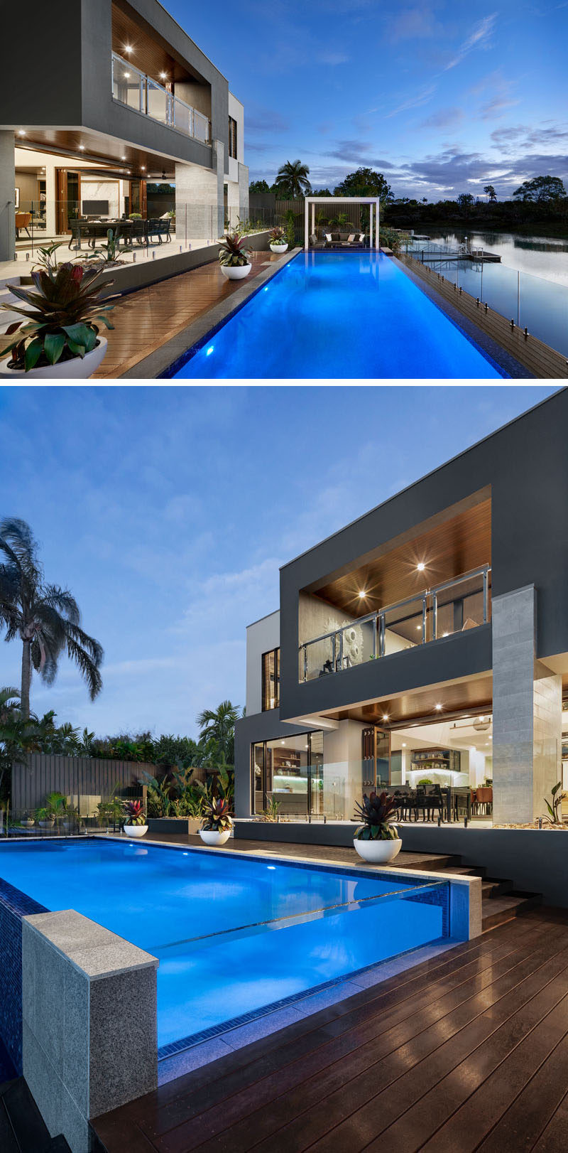 A covered dining area overlooks the swimming pool and deck, and the river.