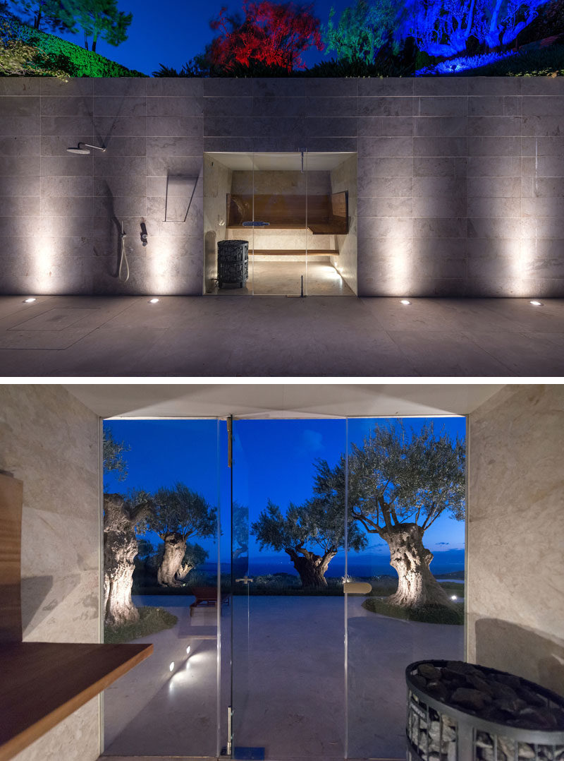 This modern house has an outdoor sauna that's hidden in a retaining wall by the pool. #Sauna #Architecture