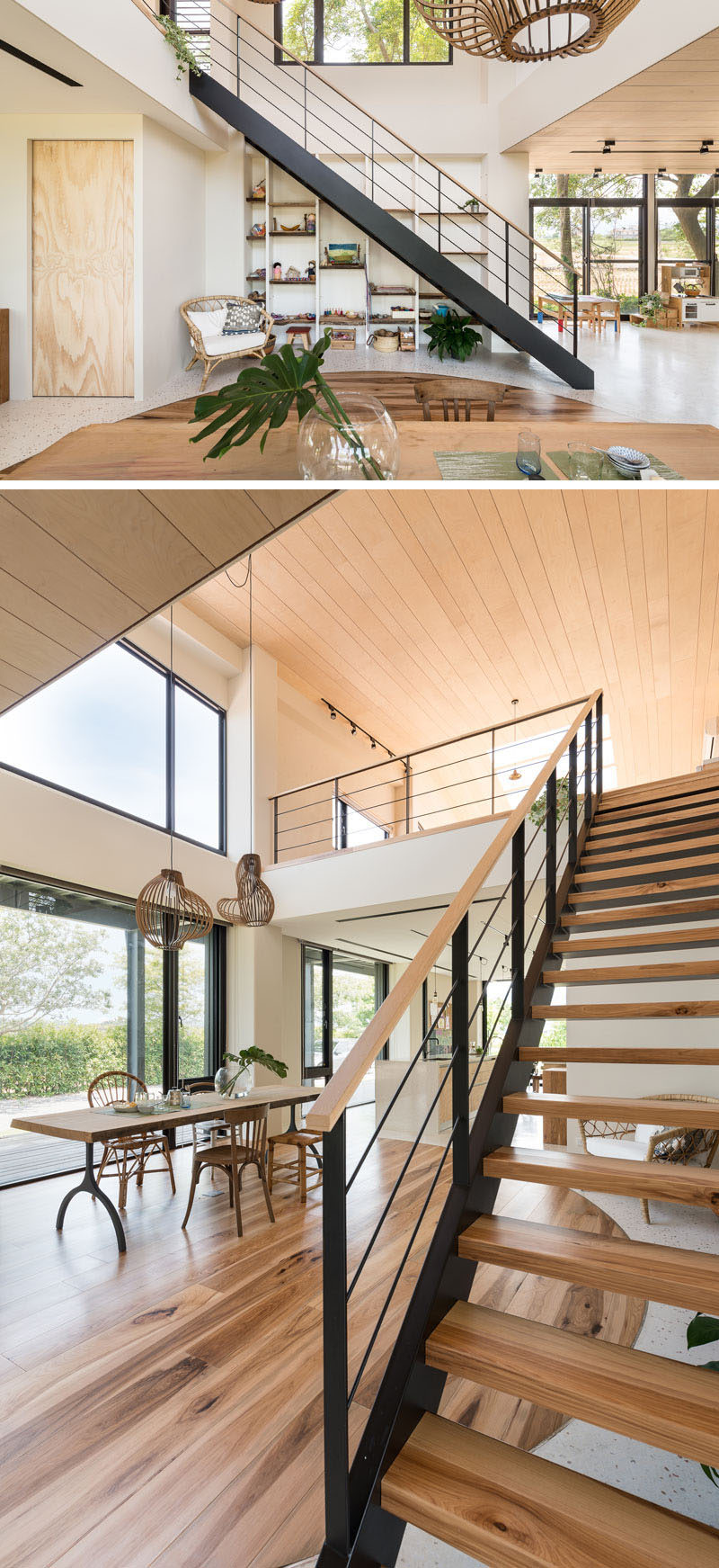 This modern house has steel and wood stairs that lead up to a lofted studio space. #Stairs #ModernStairs