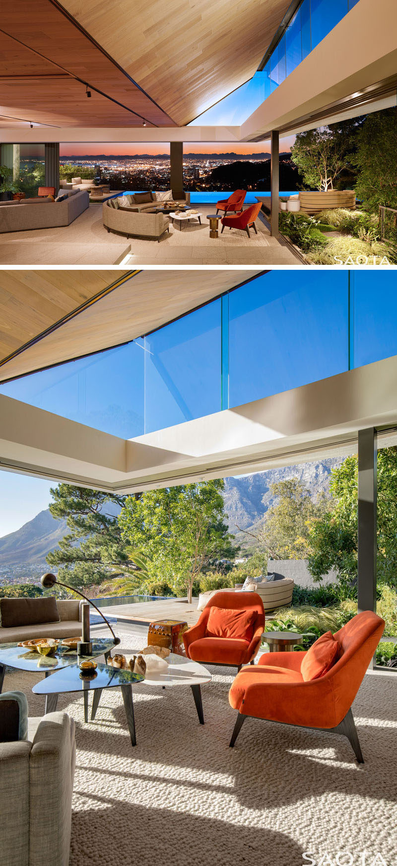 This modern living room has large sliding glass walls that connect the interior to the garden, the swimming pool, and the outdoor decks. #ModernLivingEoom #Windows