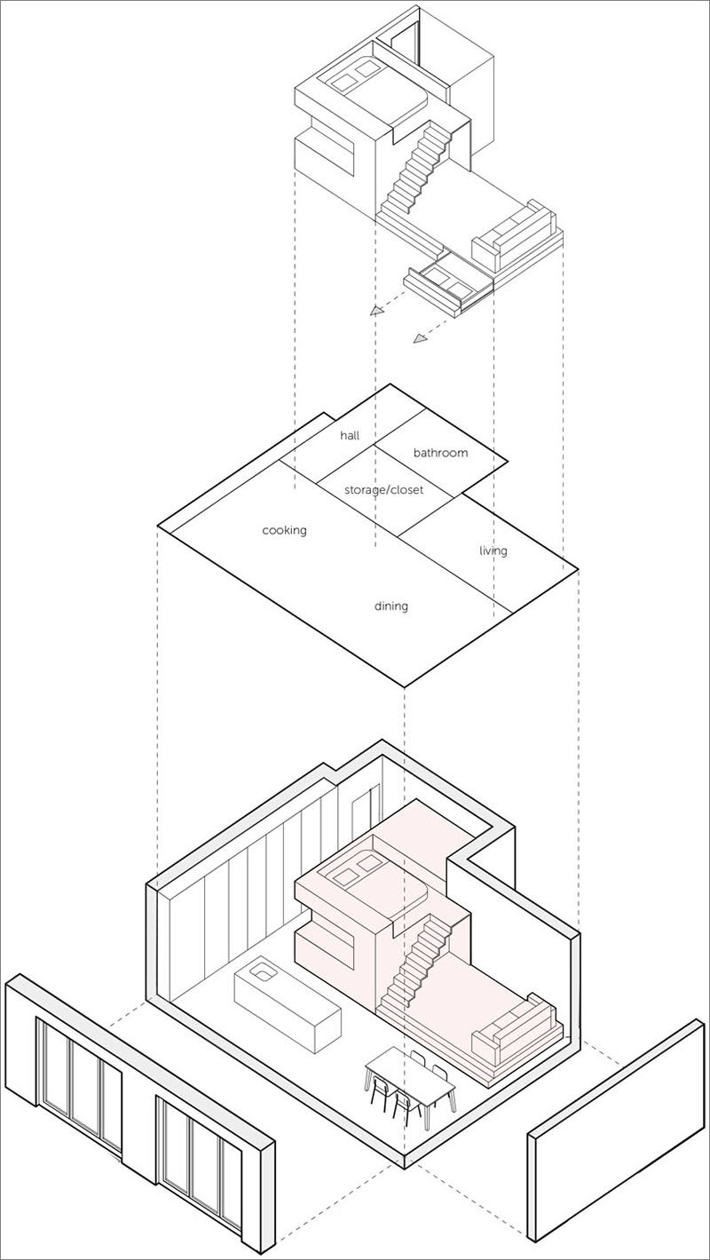 This modern loft apartment has a subtle palette of birch wood and white Corian. There's a bathroom, storage room, kitchen, raised living room, and a lofted bedroom. #InteriorDesign #ApartmentDesign #Loft