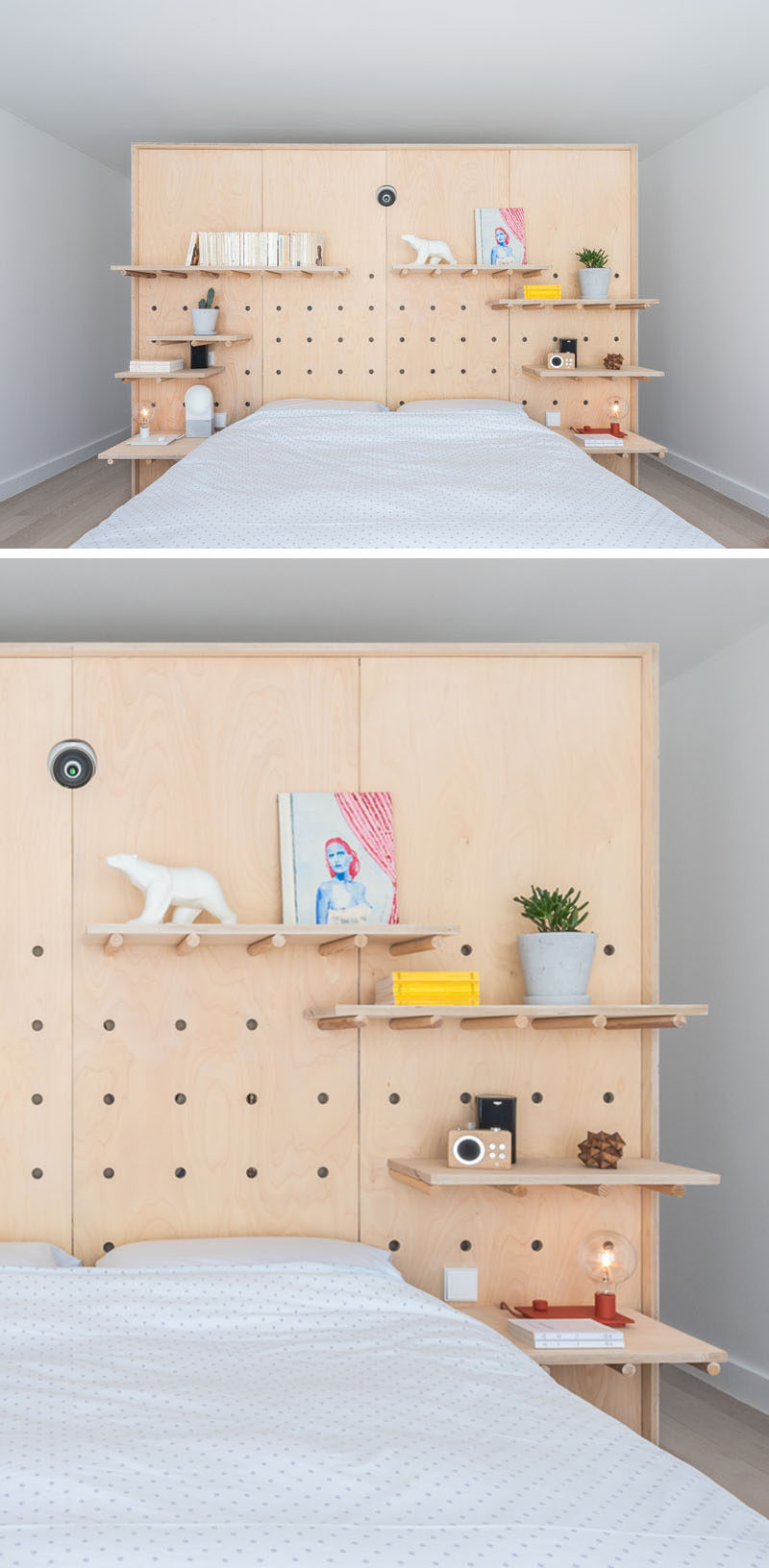 This modern apartment uses minimalist wood pegboard walls in the living room and master bedroom to create shelving for flexible displays and storage. #PegboardWall #Pegboard #InteriorDesign #Shelving