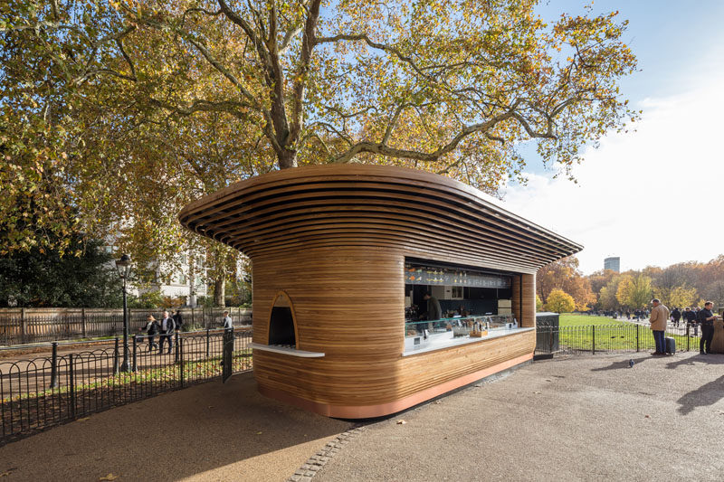 Mizzi Studio used sustainable materials like wood and traditional craft techniques, together with state-of-the-art manufacturing methods, to create a modern park kiosk. #Architecture #ParkKiosk #Design