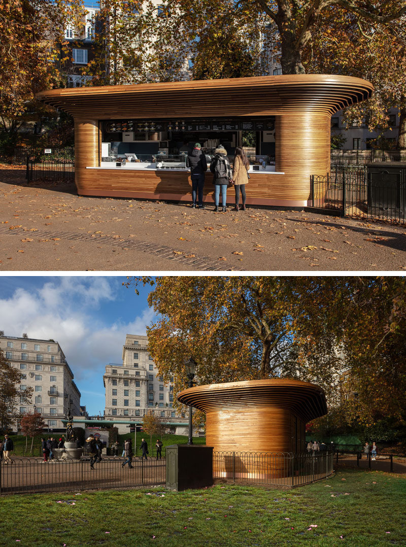 Mizzi Studio used sustainable materials like wood and traditional craft techniques, together with state-of-the-art manufacturing methods, to create a modern park kiosk. #Architecture #ParkKiosk #Design