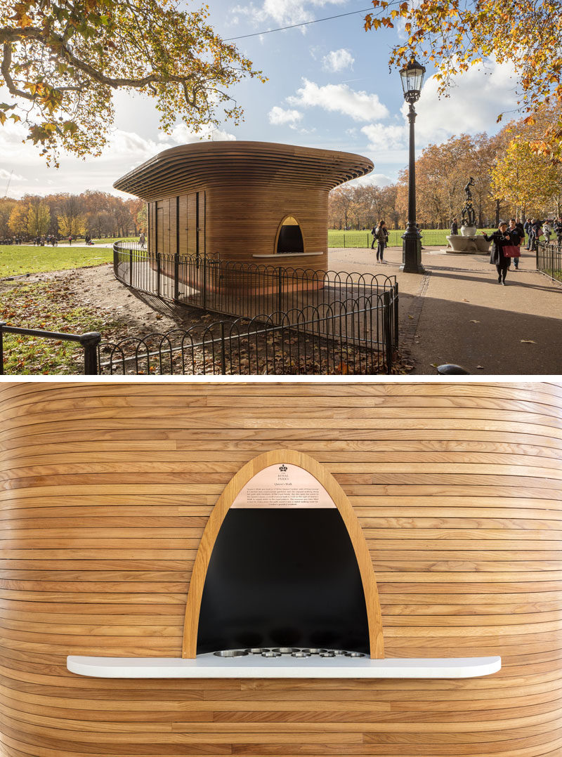 Mizzi Studio used sustainable materials like wood and traditional craft techniques, together with state-of-the-art manufacturing methods, to create a modern park kiosk. #Architecture #ParkKiosk #Design