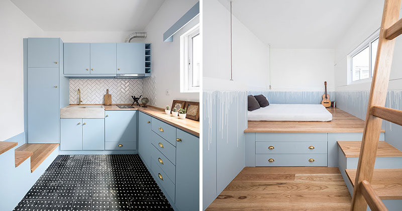 Paulo Moreira Architectures have completed the contemporary renovation of Casa Zaire, a tiny house that's located at the rear of a modernist building in Porto, Portugal. #TinyHouse #SmallHouse #BlueKitchen #PlatformBed