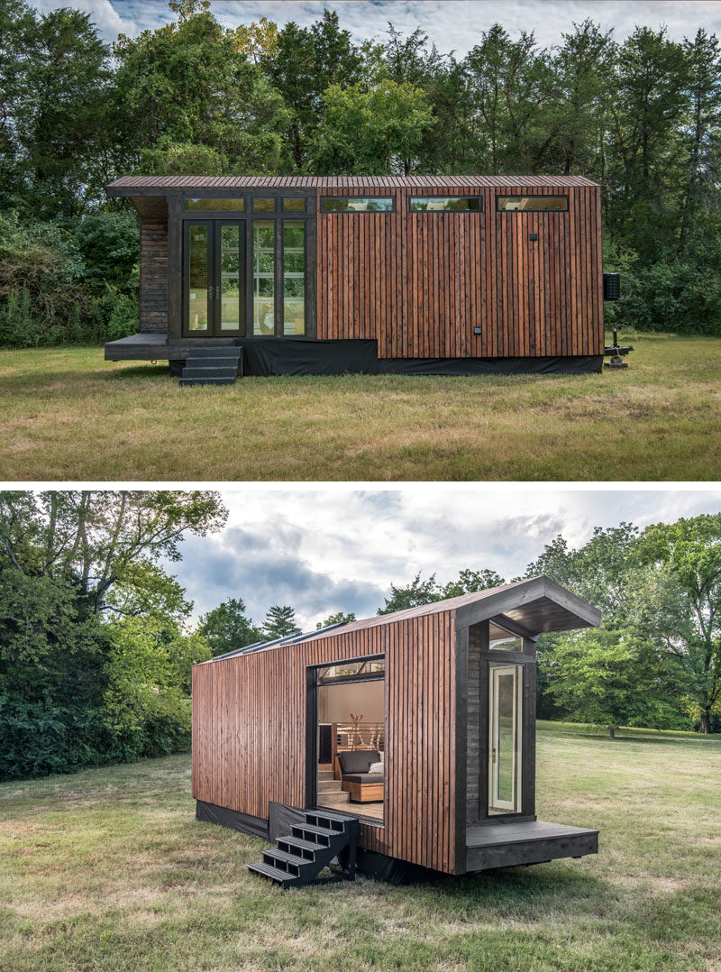 New Frontier Tony Homes have designed the Orchid Tiny House, that has a contemporary, gable farmhouse design. #TinyHouse #TinyHome #Architecture #Design #InteriorDesign
