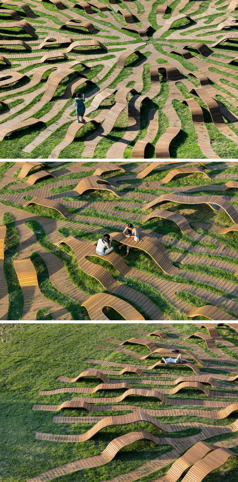 Yong Ju Lee Architecture have designed the Root Bench, a circle-shaped piece of public furniture that has a diameter of 30m, is installed in grass, and has the shape that's inspired by a root spreading throughout the park. #PublicFurniture #Art #Sculpture #Design