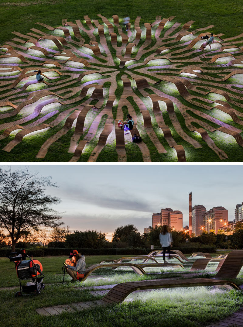 Yong Ju Lee Architecture have designed the Root Bench, a circle-shaped piece of public furniture that has a diameter of 30m, is installed in grass, and has the shape that's inspired by a root spreading throughout the park. #PublicFurniture #Art #Sculpture #Design