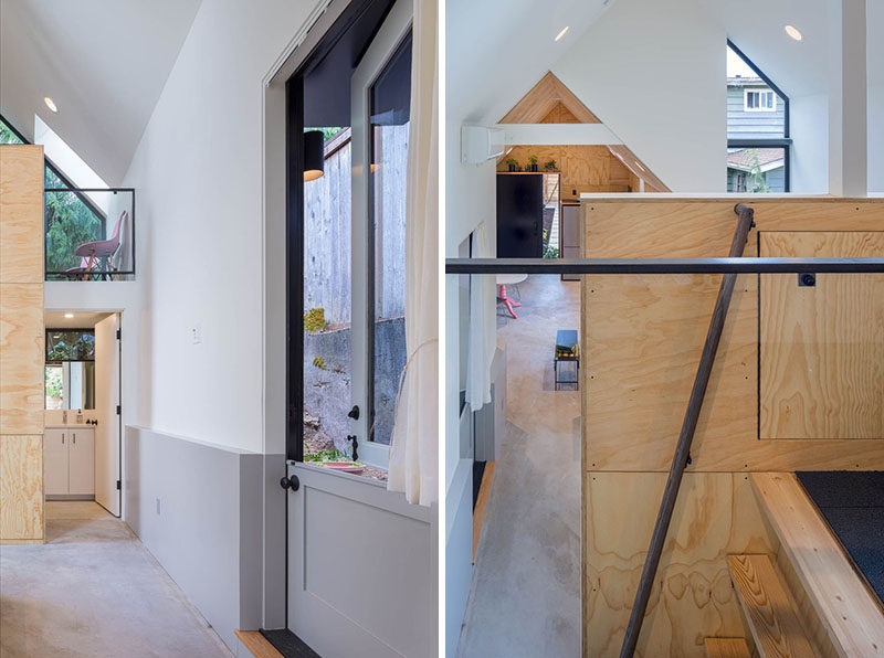 A lofted space above the bathroom of this tiny house will be used as storage but can easily be transformed into an office or sleeping loft in the future. #TinyHouse #Loft