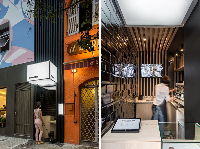 Studio Boscardin.Corsi Arquitetura have transformed what was once a small service door, formerly unusable by the restaurant next door, and created 'the coffee', a small hole-in-the-wall takeaway coffee shop in Brazil. #CoffeeShop #Cafe #RetailDesign
