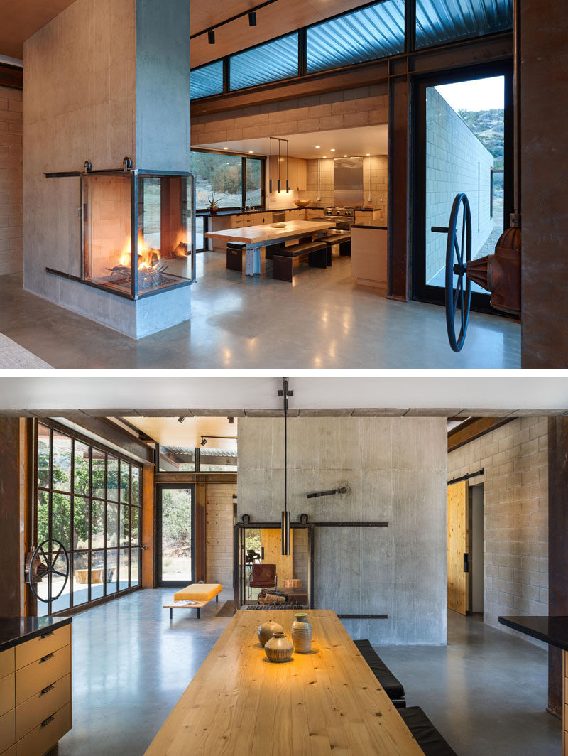 In this kitchen, cabinets wrap around the walls, while a dining table with bench seating is positioned centrally in the open area. #KitchenDesign #ModernKitchen