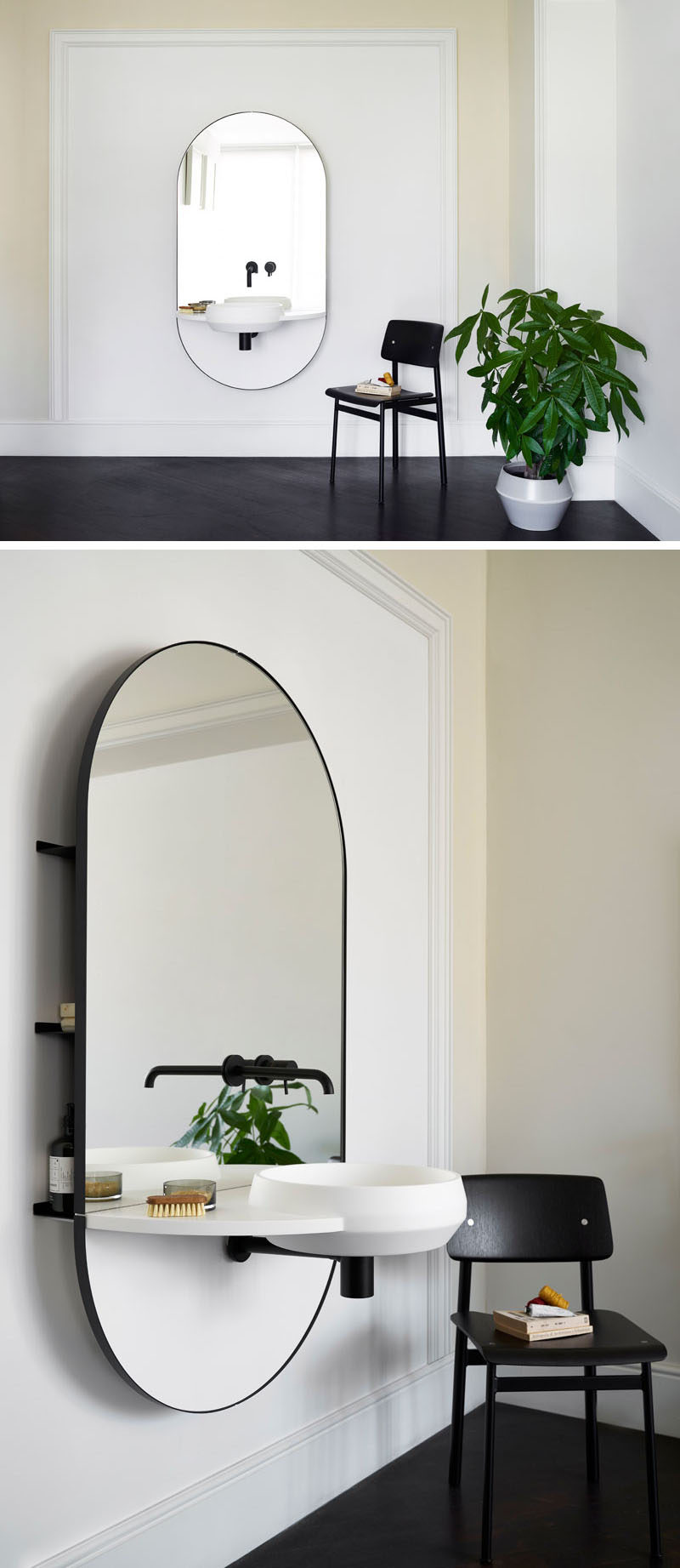 Mut Design studio have created ARCO, a multi-functional piece of bathroom furniture that has an integrated mirror, taps, washbasin, and shelving system hidden behind the glass. #Bathroom #BathroomMirror #ModernBathroom