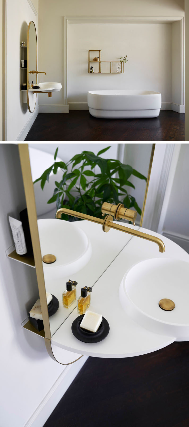 Mut Design studio have created ARCO, a multi-functional piece of bathroom furniture that has an integrated mirror, taps, washbasin, and shelving system hidden behind the glass. #Bathroom #BathroomMirror #ModernBathroom