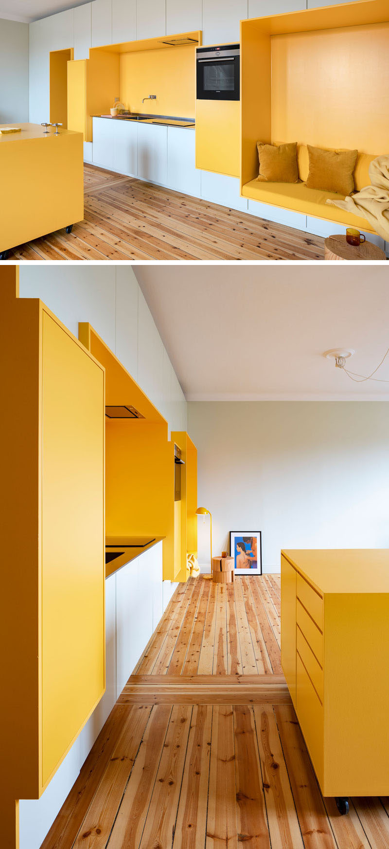 This renovated 1920s apartment in Stockholm received a modern makeover, with a custom designed wall that includes yellow built-in sections that house a kitchen and a seating nook. #InteriorDesign #Kitchen #SeatingNook