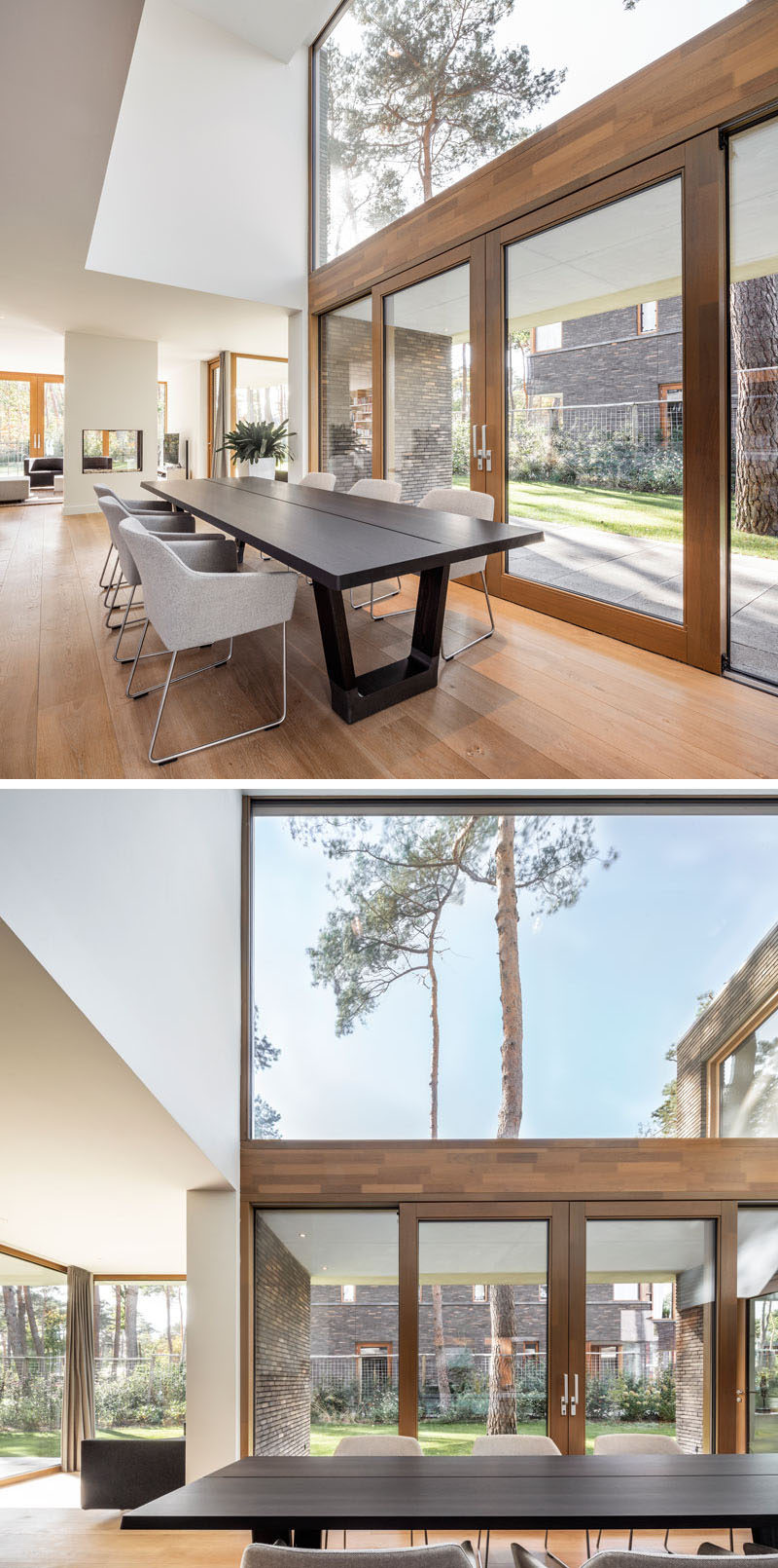 This modern house has a double-height ceiling above dining table, large windows for plenty of natural light, and wood framed sliding doors to connect to the outdoors. #DiningRoom #DoubleHeightCeiling #Windows #SlidingDoors