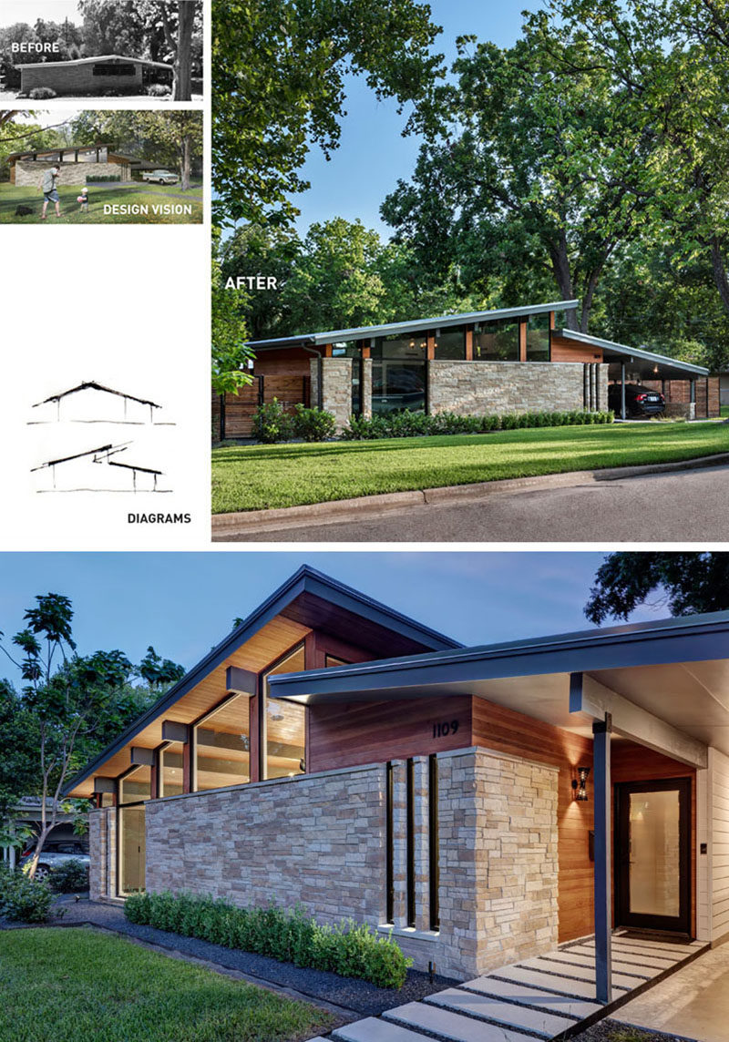 BEFORE + AFTER - Matt Fajkus Architecture have recently completed the contemporary remodel of an original Mid-Century Modern house in Austin, Texas. #Remodel #MidCenturyModern #Architecture