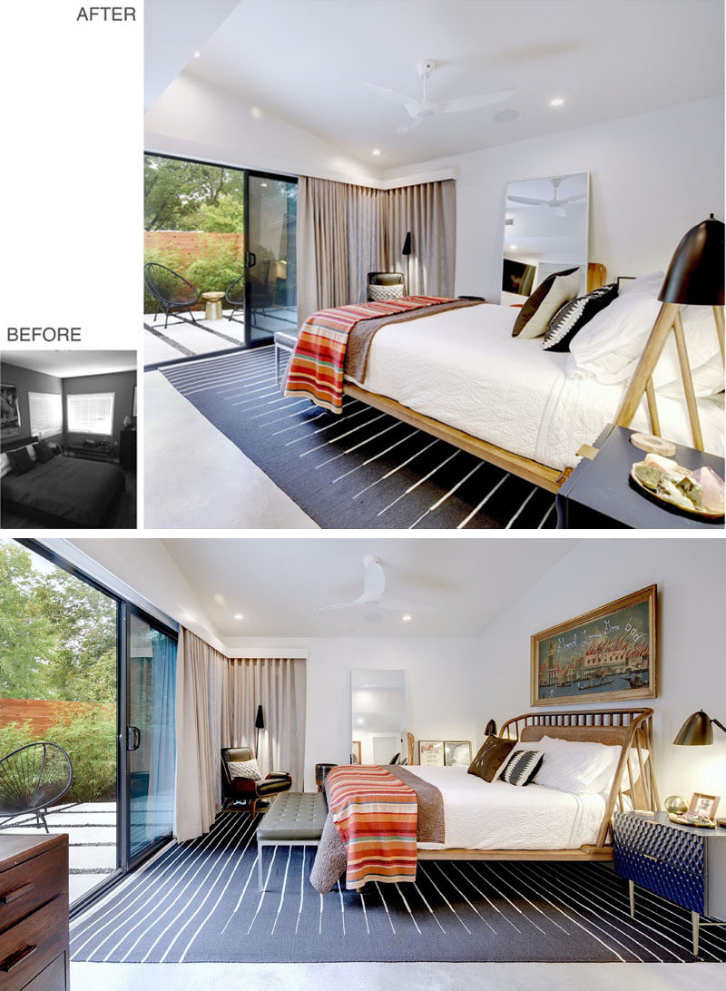 BEFORE + AFTER - This modern master bedroom has been given a bright facelift, with a high ceiling, white walls, a sliding door, and new windows. #Bedroom #BedroomDesign
