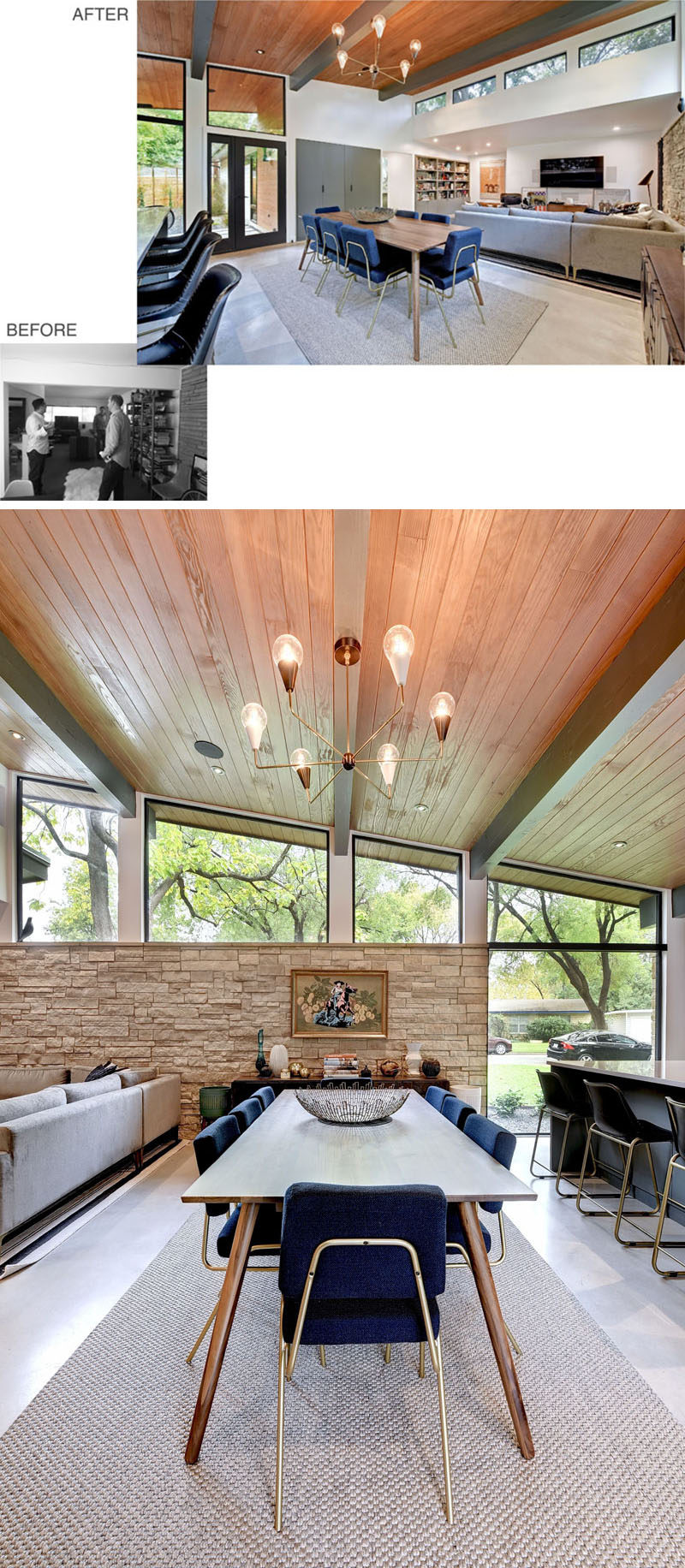 BEFORE + AFTER - Separating the living room and the kitchen of this remodeled mid-century home, is the dining room. Angled wood ceilings allow for natural light to be added to the dining area, while a chandelier draws the eye upwards to the exposed ceiling. #DiningRoom