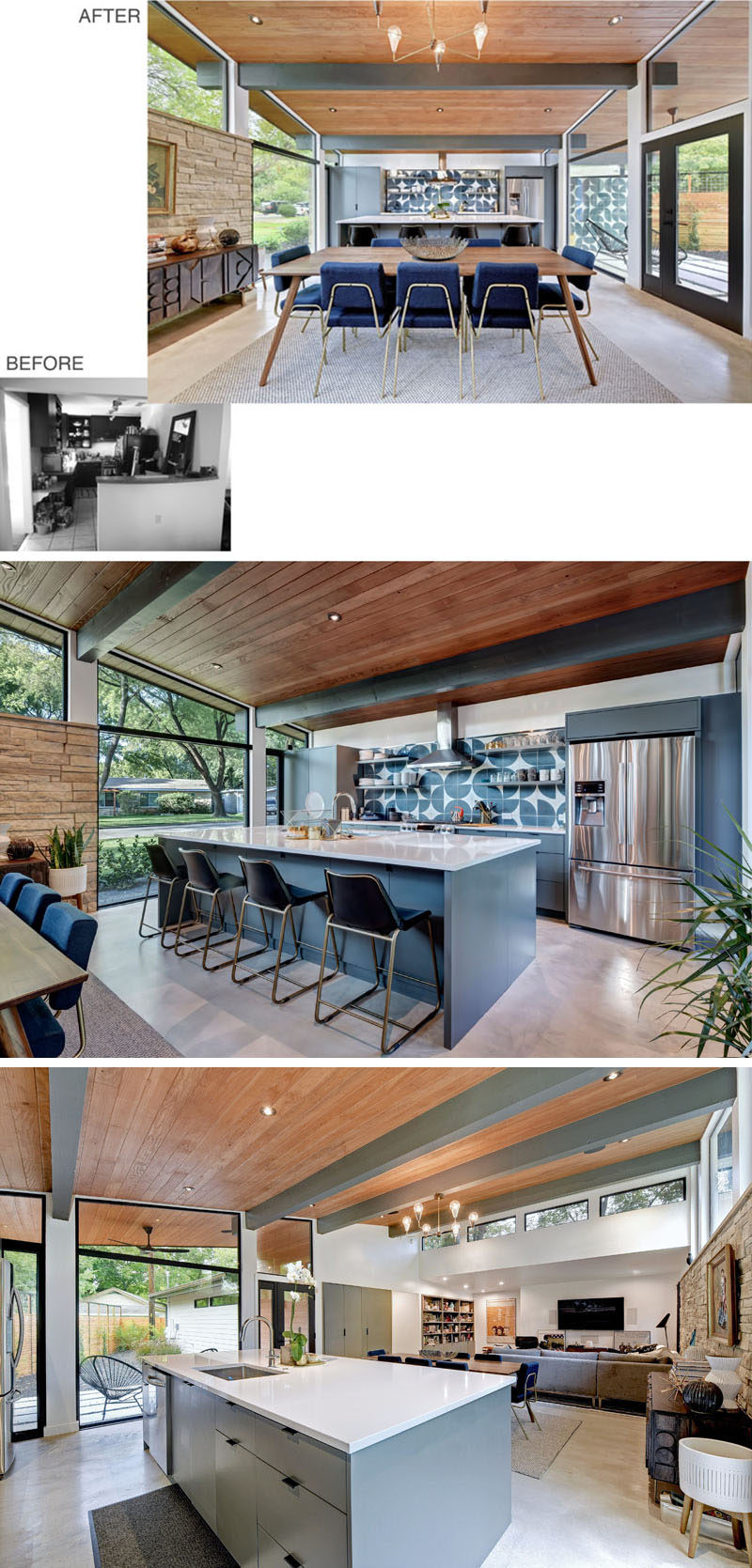 BEFORE + AFTER - As part of the remodel of this mid-century house, the kitchen was opened up, and large picture windows were added on either side. #KitchenDesign #ContemporaryKitchen #KitchenRemodel