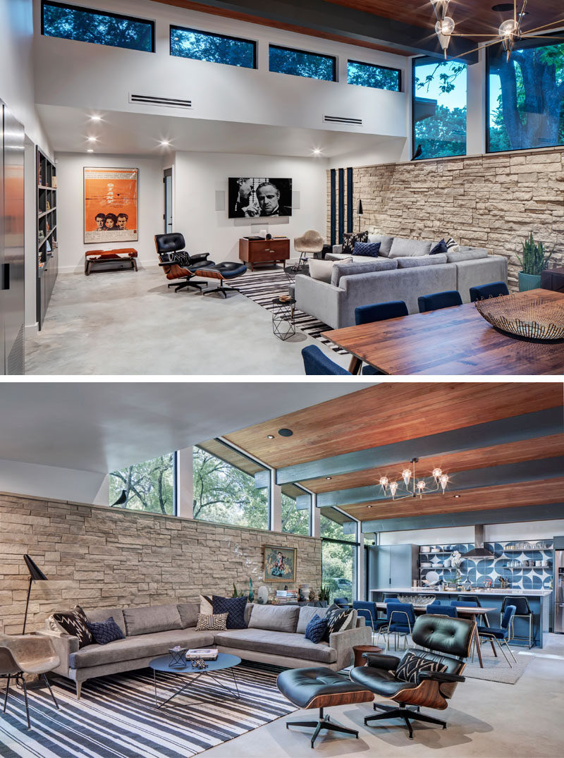 This remodeled mid-century modern house has all of the social areas of the home sharing the same open plan room, with the living room at one end of the room and the kitchen at the other. #LivingRoom #OpenPlan #Remodel